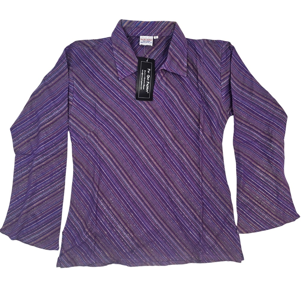 Far Out Fashion Purple Metallic Diagonal Stripe Long Sleeve Top XL NWT Retro